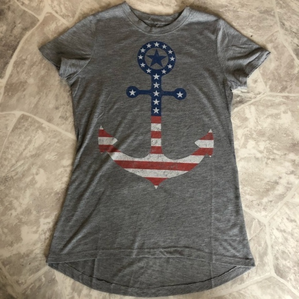 NWOT LOL VINTAGE Red white & blue American flag anchor soft gray Shirt SZ XS